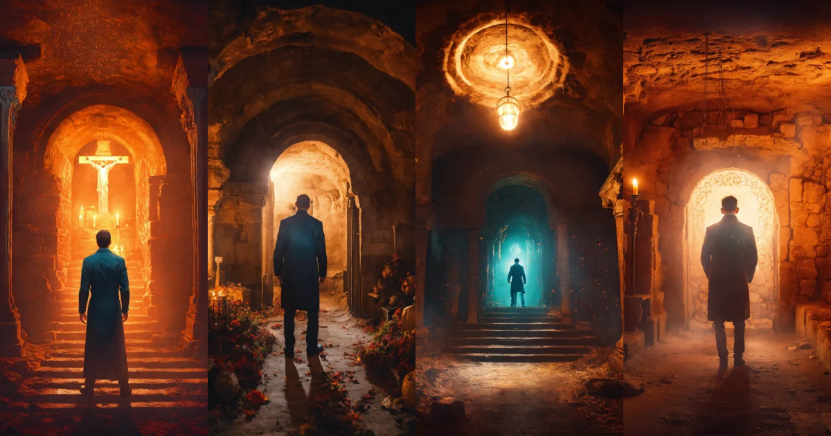 Lexica - A man conjuring the afterlife in a mysterious underground crypt.