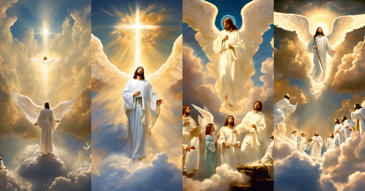 Lexica - Angels in white robes on the clouds looking at jesus