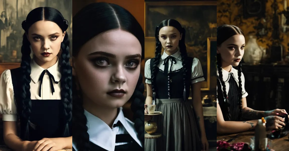 Lexica - Wednesday Addams from the series, black hair braided in two ...