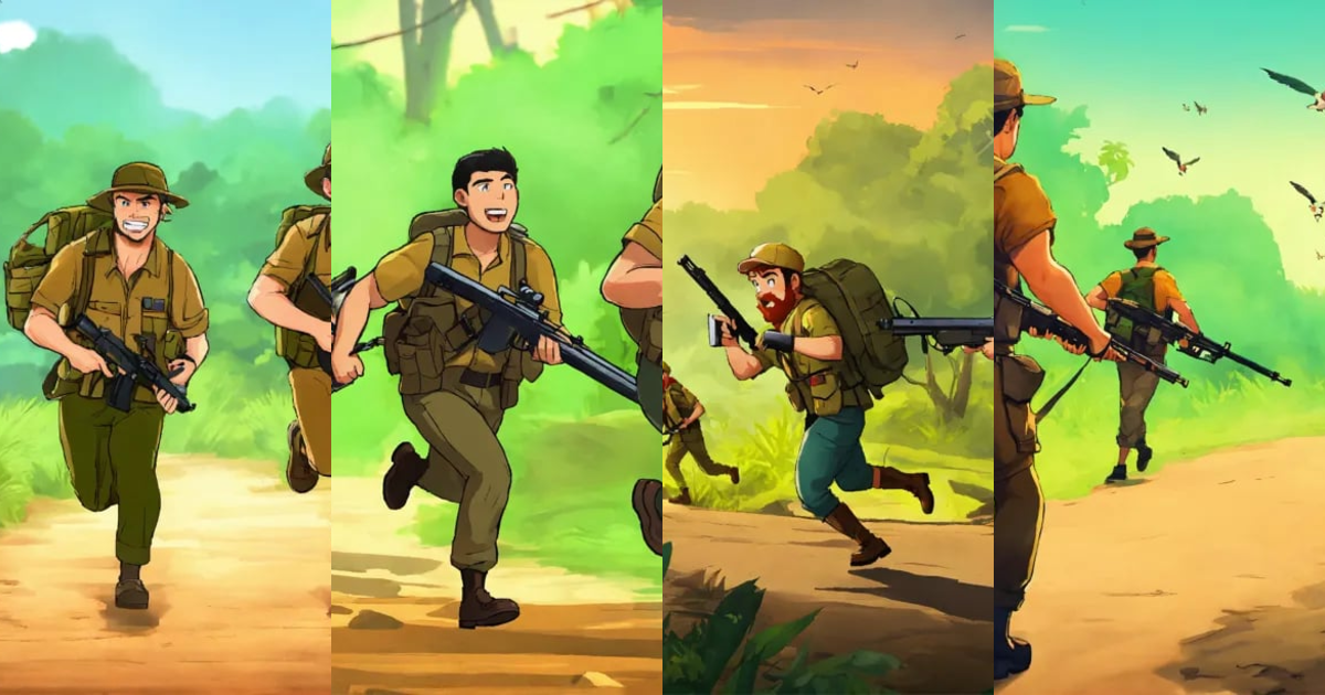 Lexica - Cartoon men hunters are running because of scare in jungle
