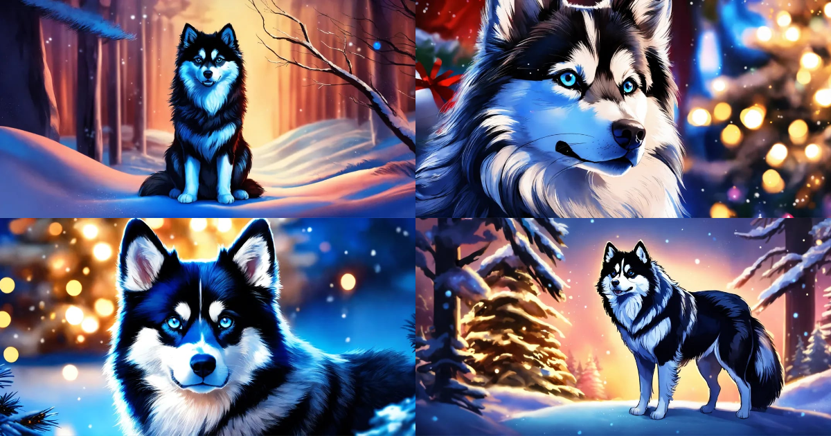 Lexica - Illustration of a magnificent black and white pomsky with blue ...