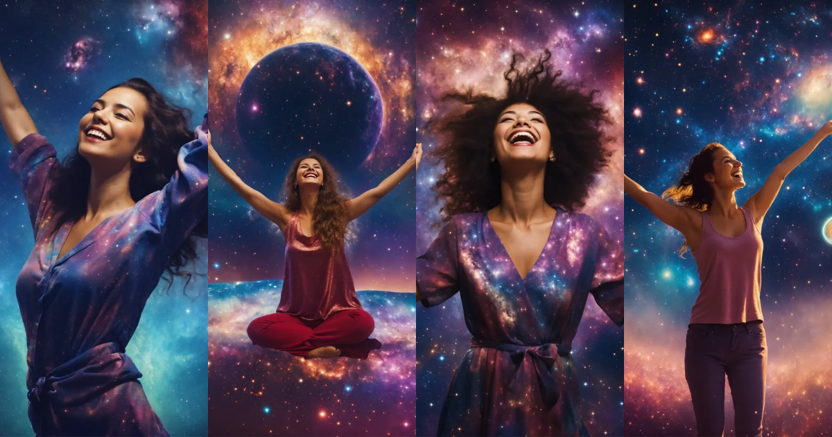 Lexica - A HAPPY WOMAN RAISING HER ARMS, COSMIC BACKGROUND