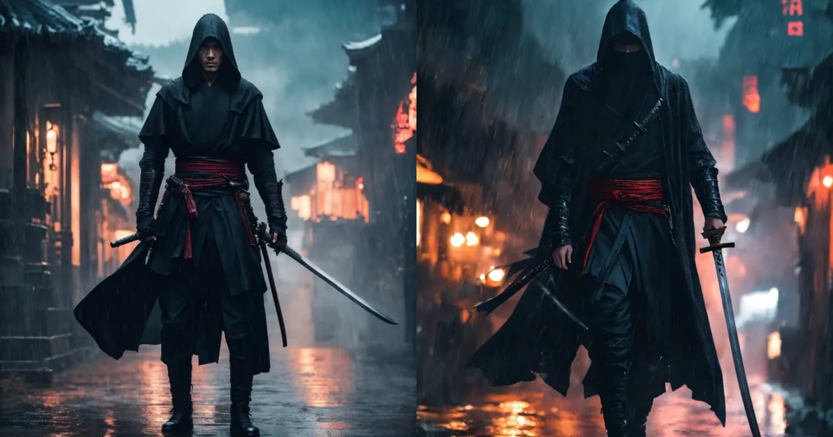 Lexica - An assassin wearing a katana in the rain,dark aesthetic ...