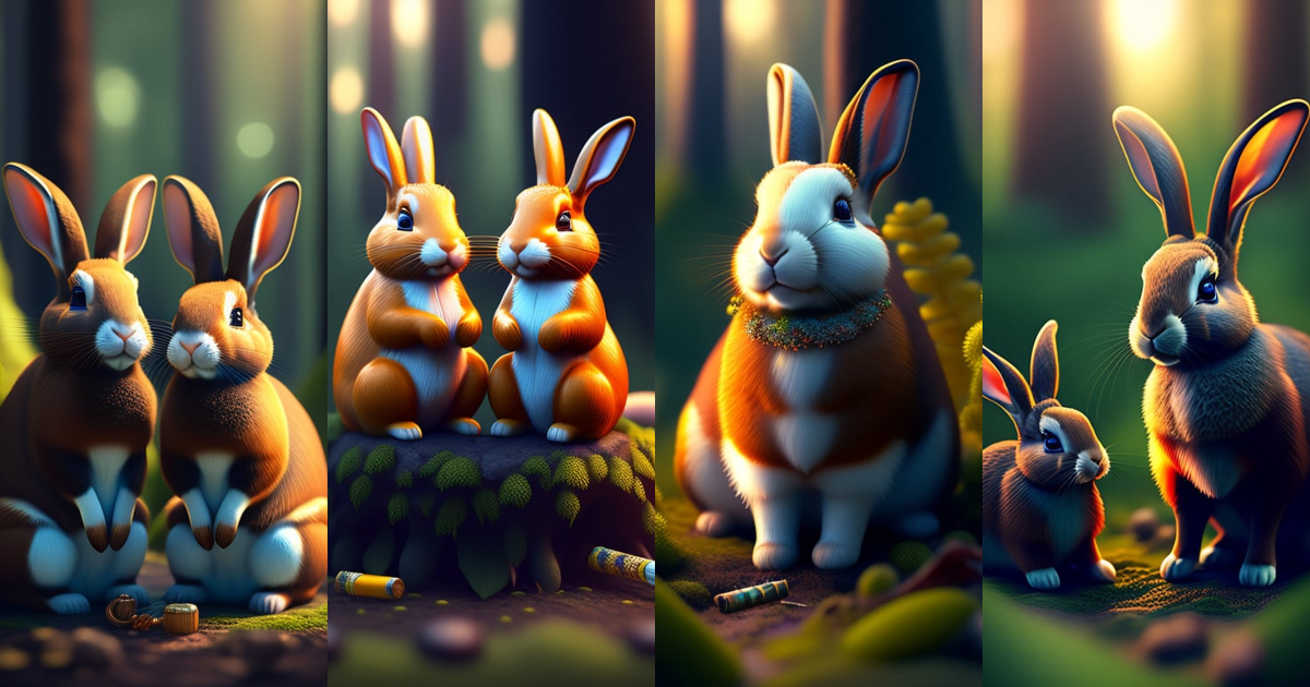 Lexica - Anthropomorphic rabbits sitting on the ground of a dark forest ...