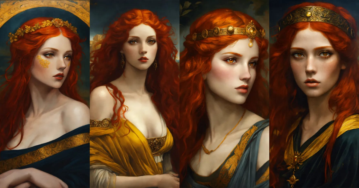 Lexica - Goth Greek goddess with red hair and yellow eyes. Renaissance ...
