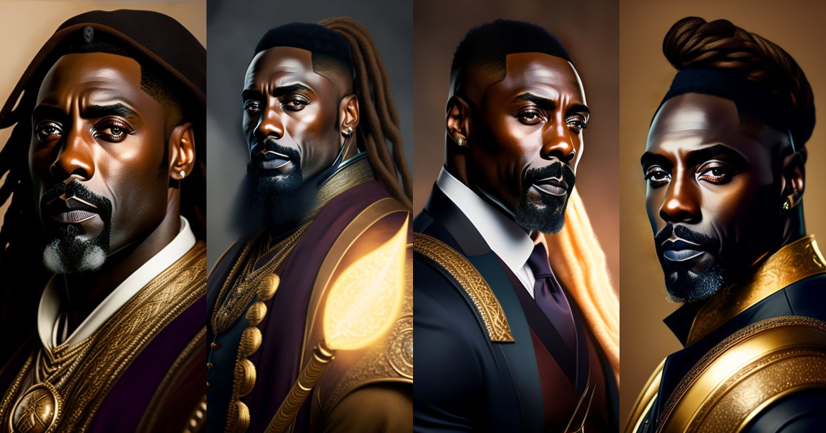 Lexica - Portrait Idris Elba, D&D Wizard with staff gem, dreadlock hair