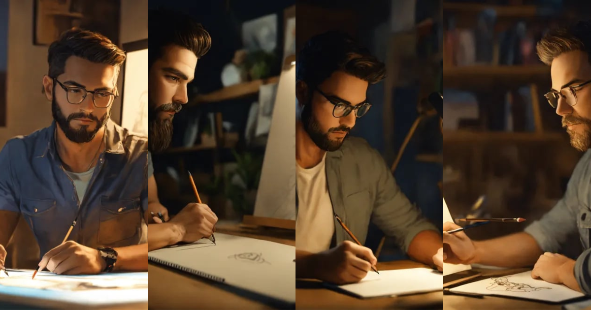 Lexica - A handsome man - he is an illustrator. Sitting in his studio ...