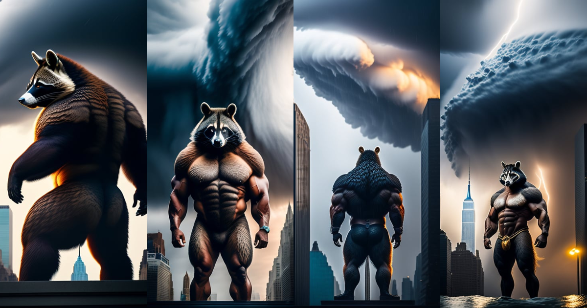 Lexica - A massive muscular humanoid racoon as tall as a building, in ...
