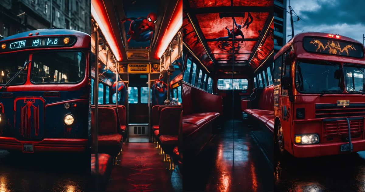 Lexica - Spiderman themed bus, amazing, intricate, sharp focus, fantasy ...