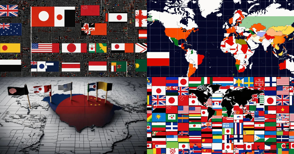 Lexica - A grid global map in black and white with small country flags ...