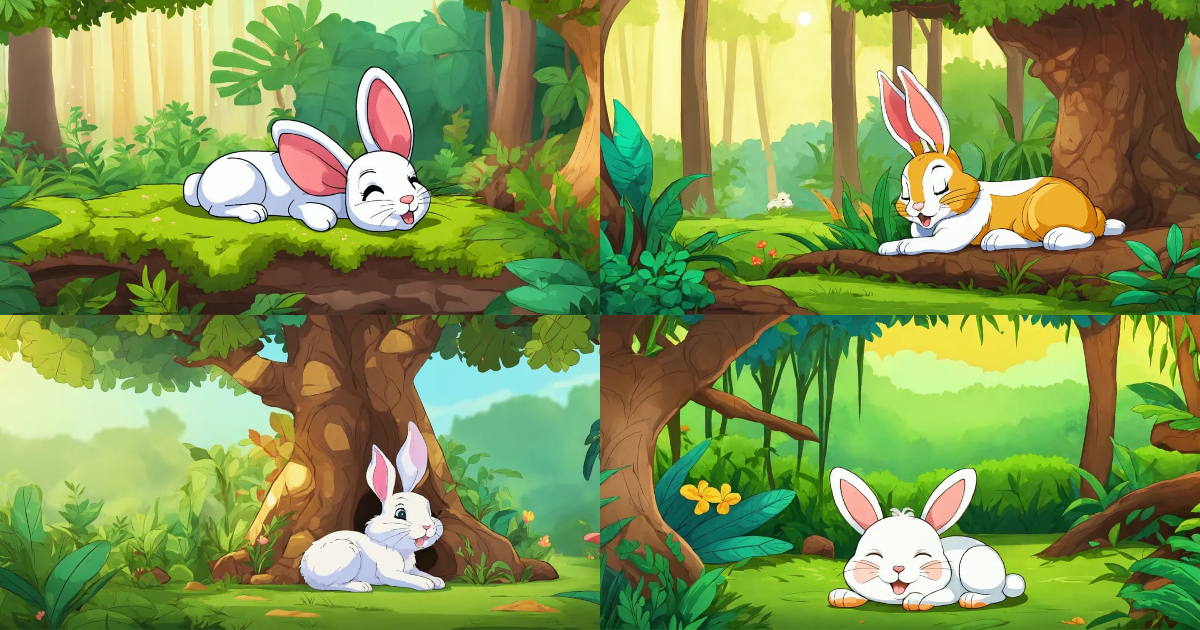 Lexica - Cartoon rabbit is sleeping snoring under tree in jungle