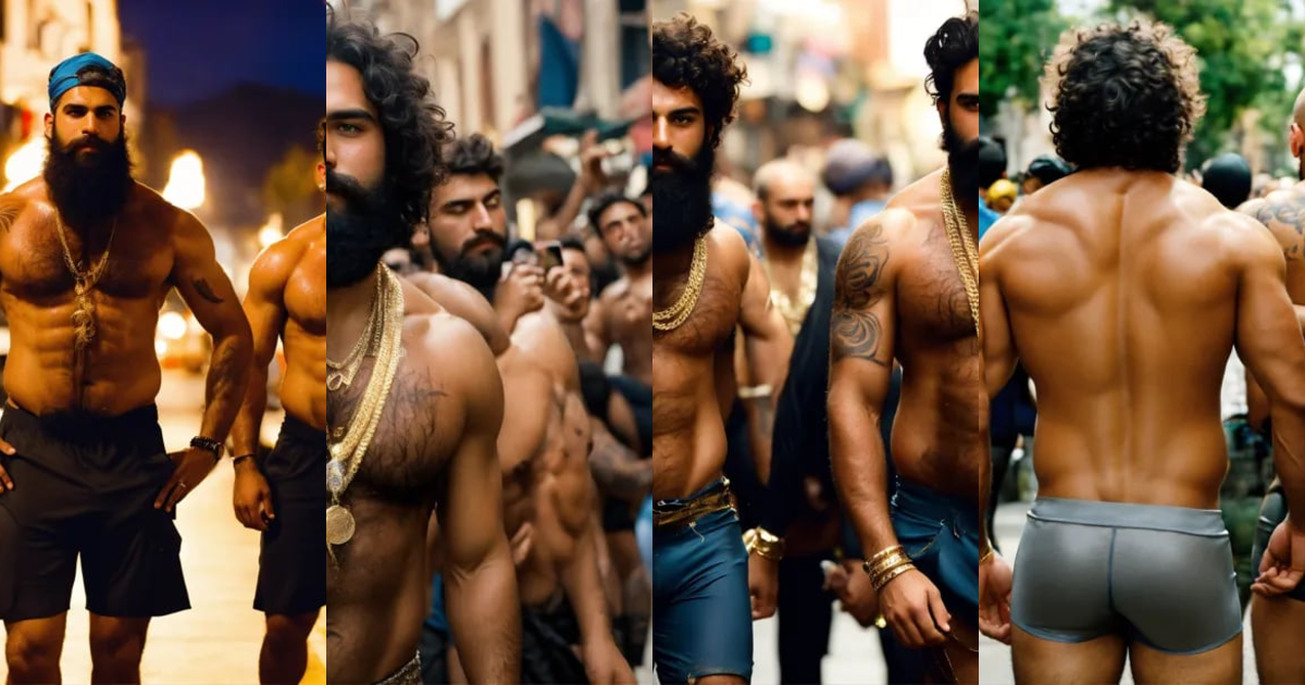 Lexica - A high fashion photo,group of burly hairy manly hindu men ...