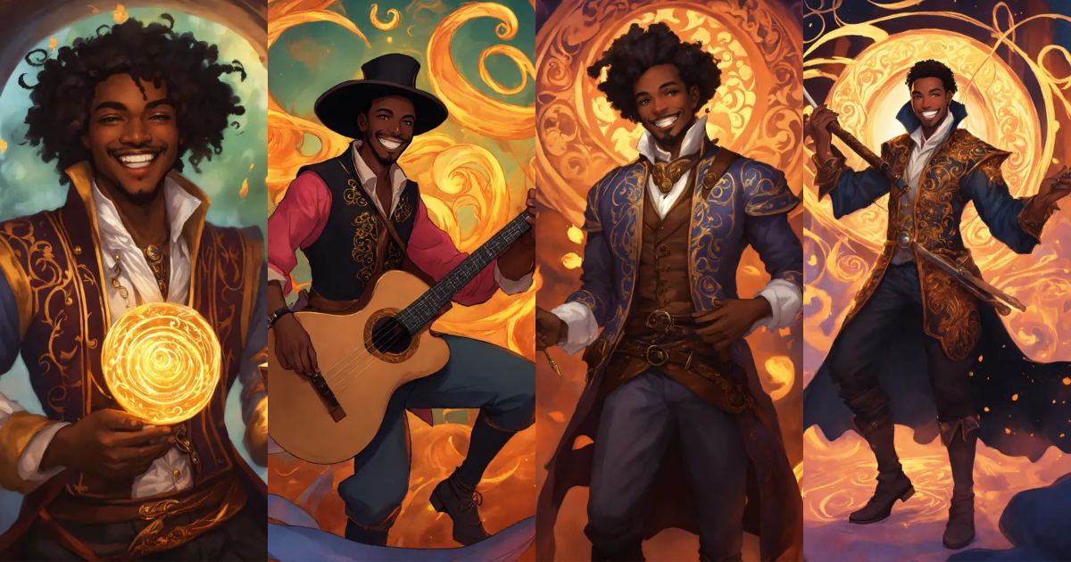 Lexica - A grinning black bard entertainer, with magic swirls, fantasy ...