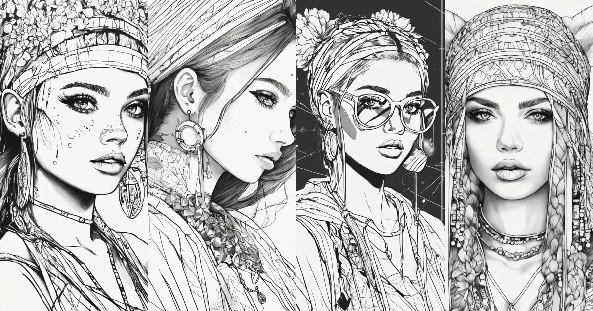 Lexica - Black and white line drawing, white background, upper body ...