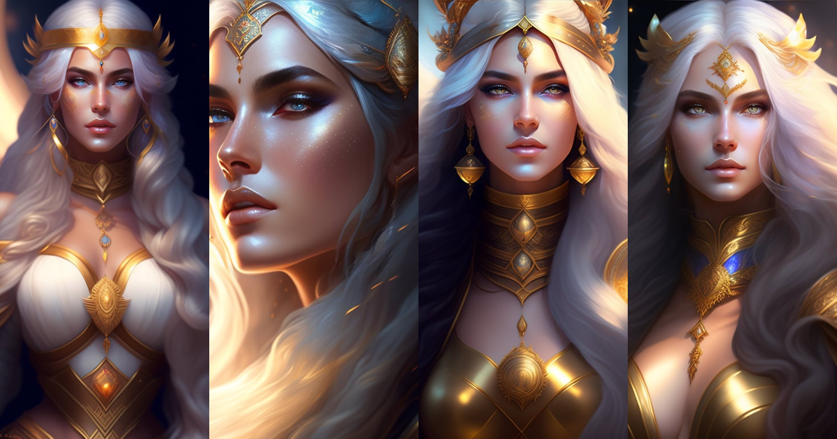 Lexica - Female, mage godess with long white hair, beautiful