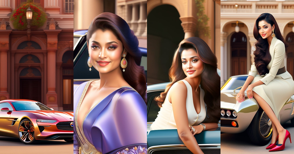 Lexica - Aishwarya Rai sitting on car, lavish banglow in background ...