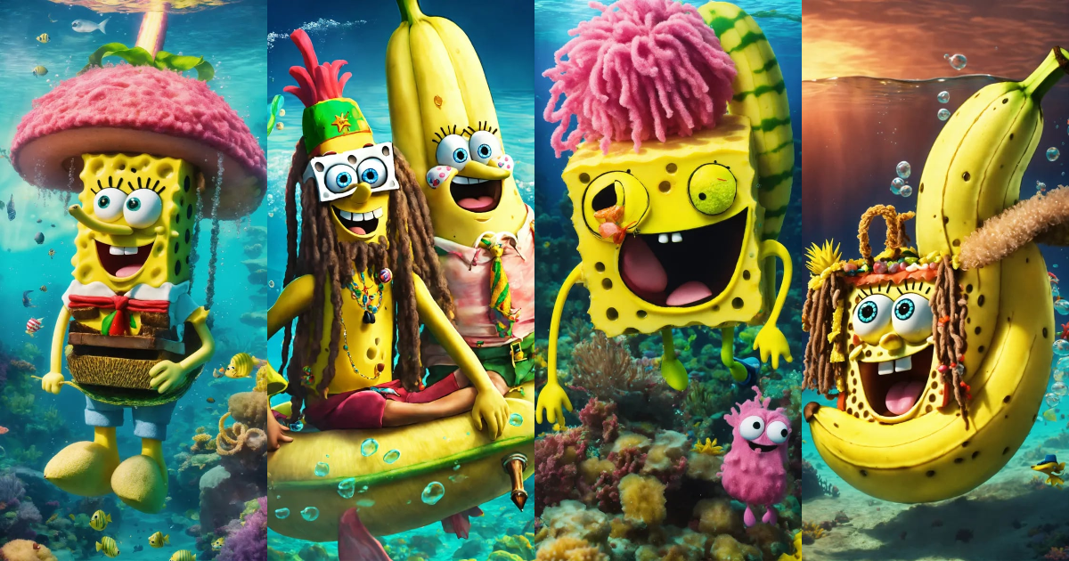 Lexica - Rasta SpongeBob and Patrick with dreadlocks riding a banana ...