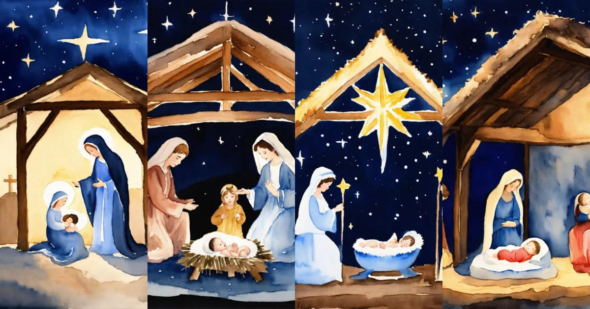 Lexica - A watercolor of a traditional nativity scene with a dark blue ...