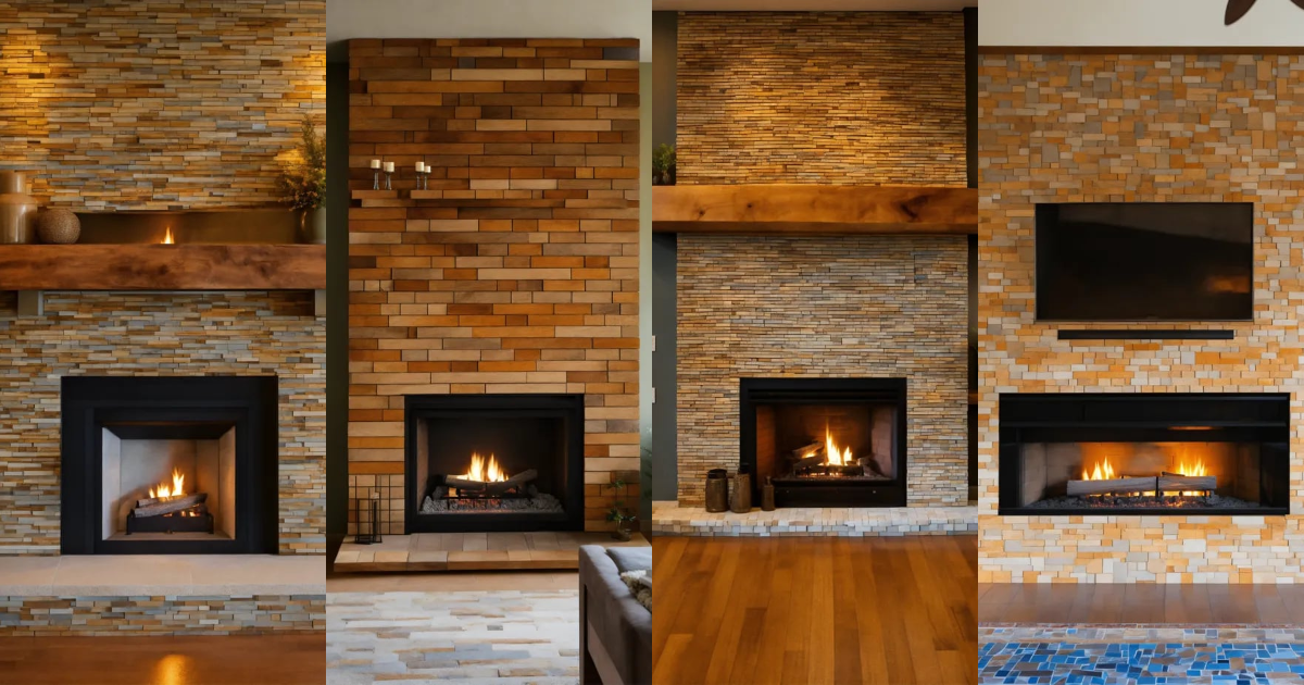 Lexica - A floating natural wood mantle over a fireplace, mosaic tiles ...