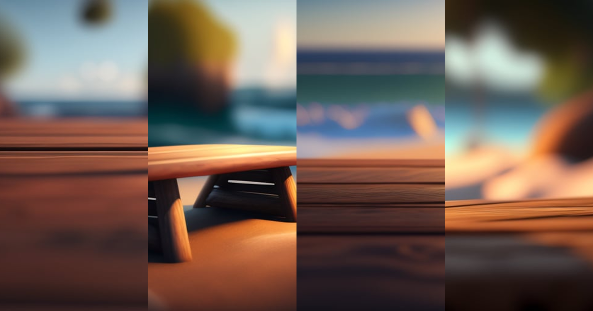 Lexica - Rustic wooden table with a bokeh beach background, massive ...