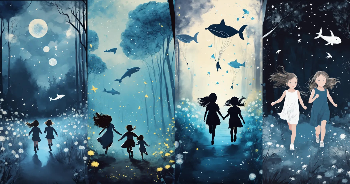 Lexica - Two little girls are running through a dark magical forest ...