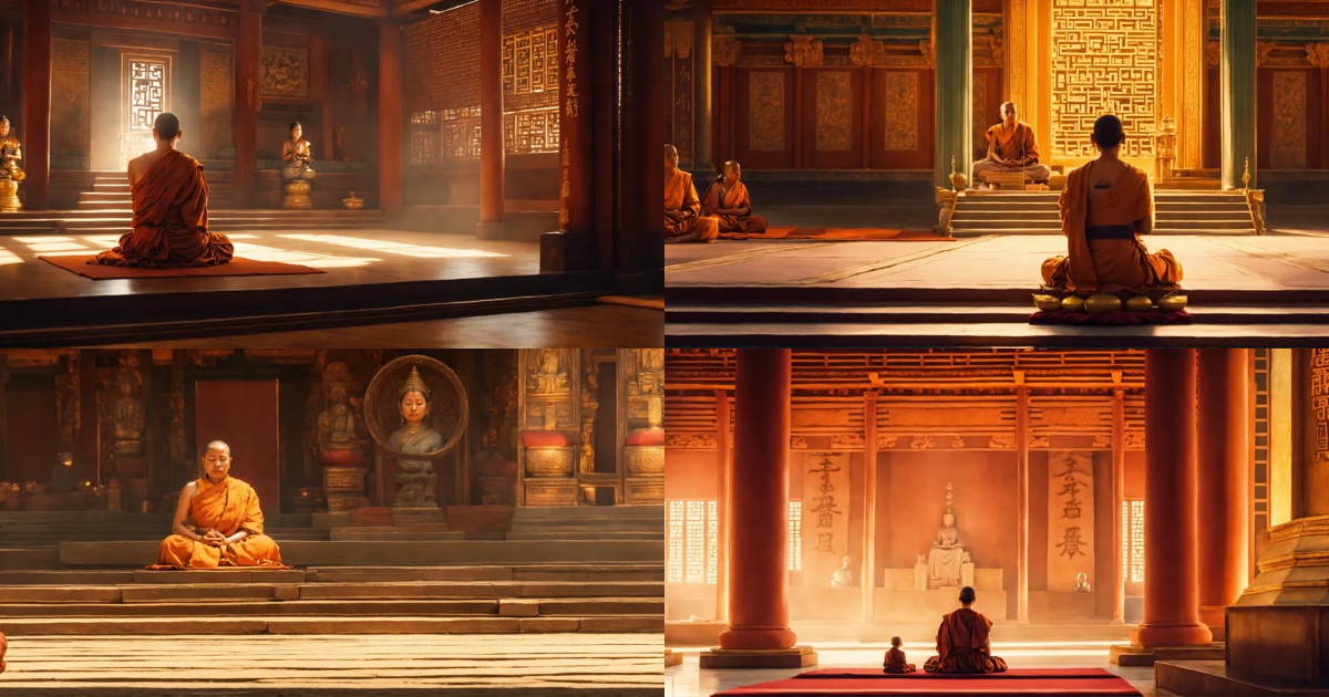 Lexica - A serene woman monk sits in deep meditation, her master monk ...