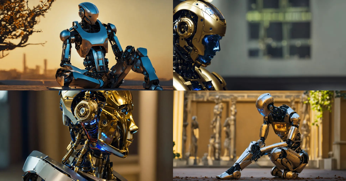 Lexica - Create an image of a humanoid robot sitting in a contemplative ...