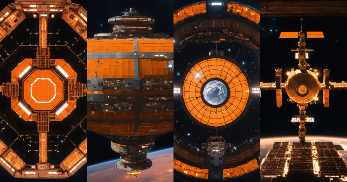 Lexica - Entire giant orange space station in dark space from top with ...