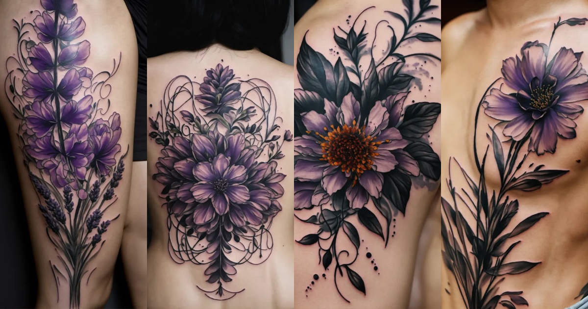 Lexica - Black grey abstract lavender flower ribs tattoo