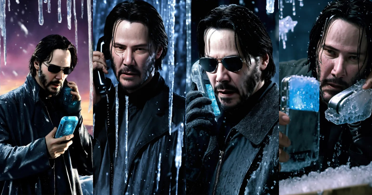 Lexica - Keanu Reeves as Neo from the matrix is frozen, he is calling ...