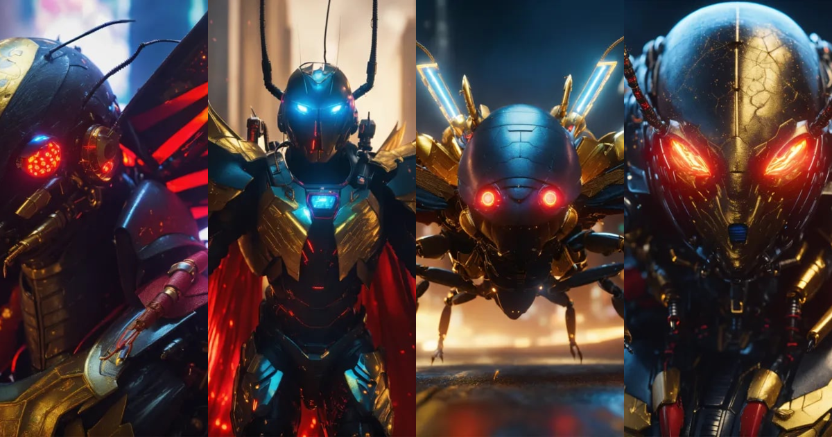 Lexica - Close up of black cockroach faced humanoid with red glowing ...