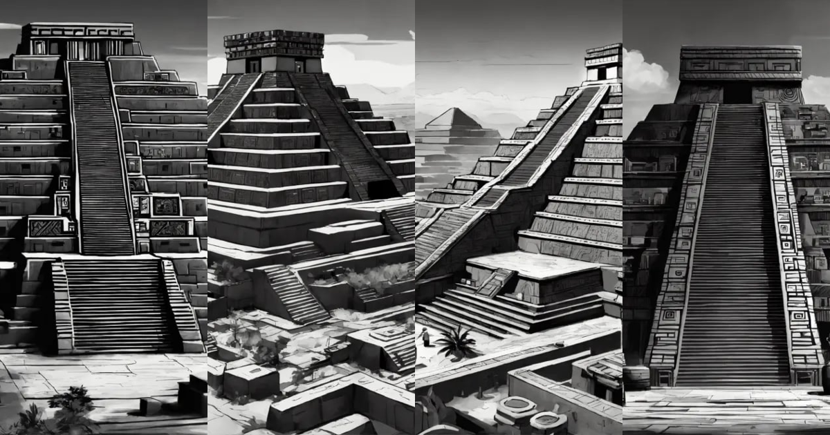 Lexica - Graphic stylized drawing of aztec city in grayscale, 8k