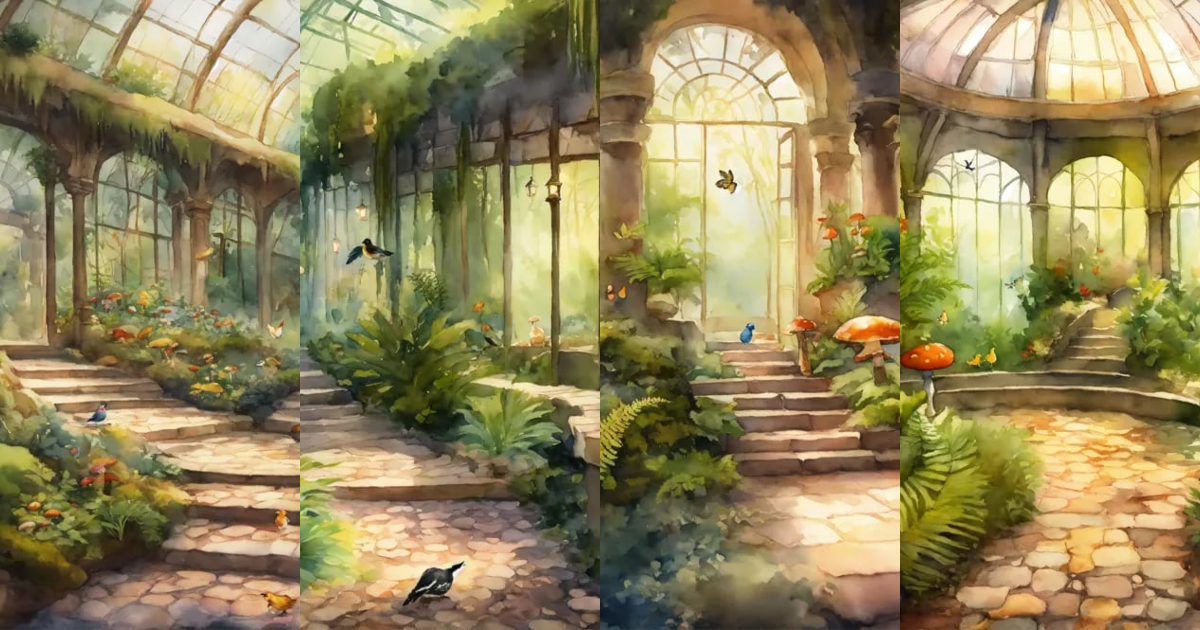 Lexica - A cobblestone pathway winding through an aviary atrium filled ...