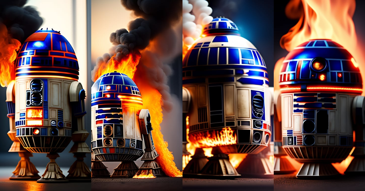 Lexica - R2D2 engulfed in flames starting menacing ,hyper real detailed,8k