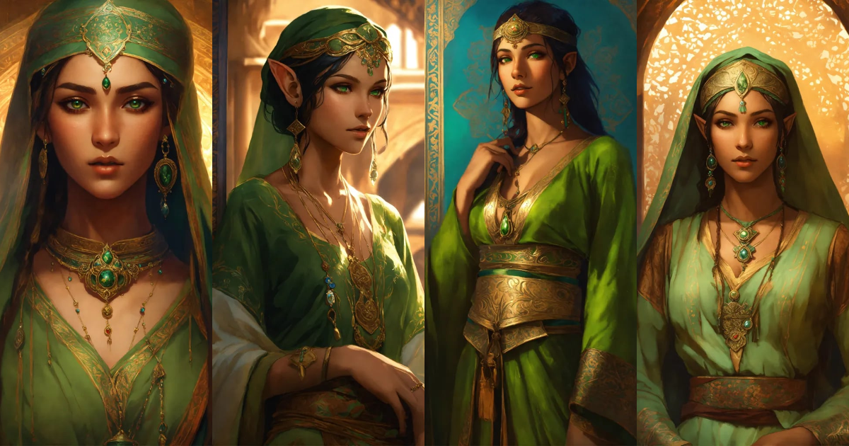 Lexica - Tamerlane female elf in medieval style, turkish clothes, green ...