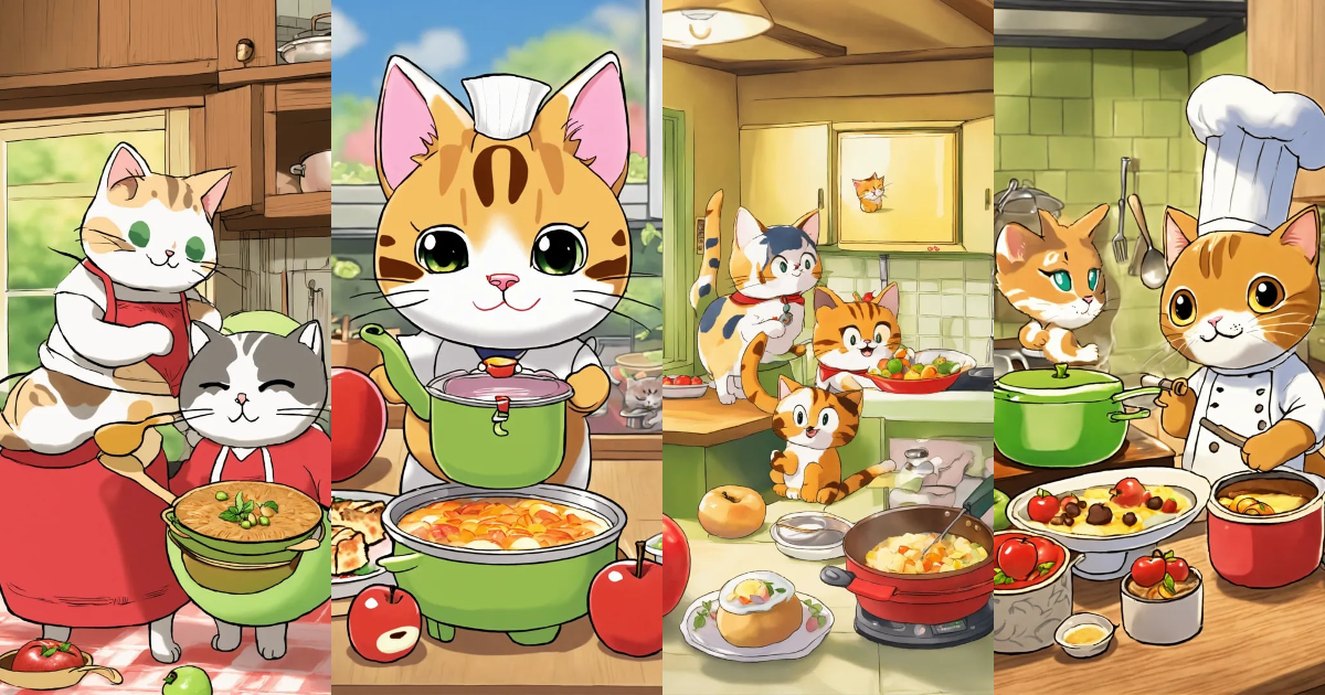 Lexica - Cartoon of apple and tama cat cook together
