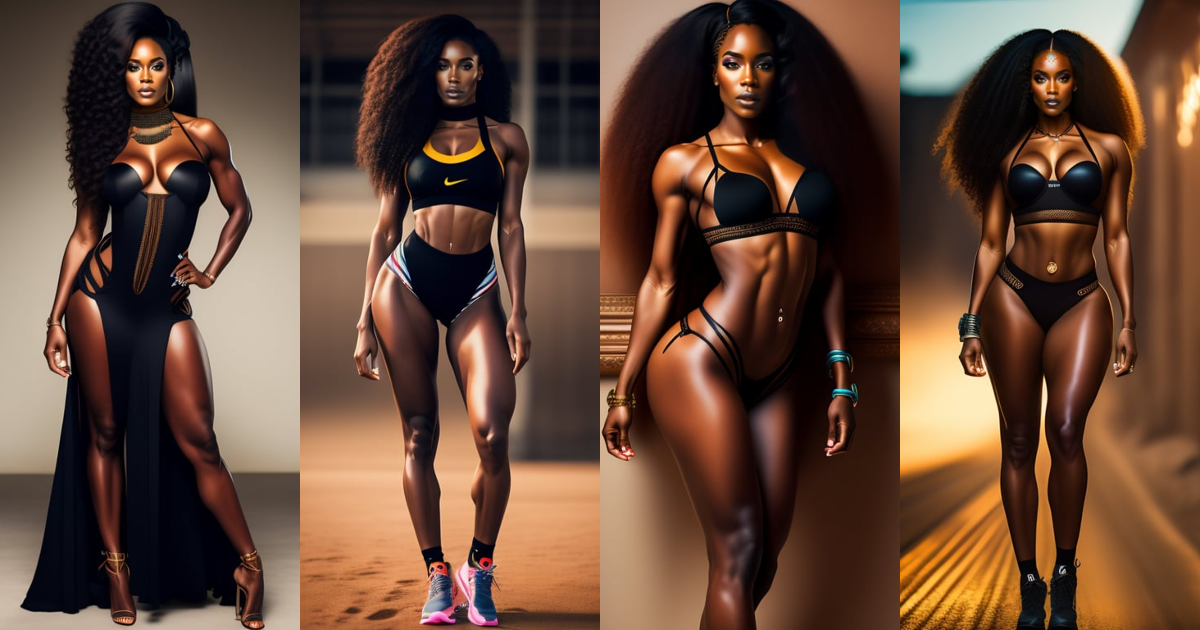 Lexica - Black woman, in straps, long hair, sports body, full