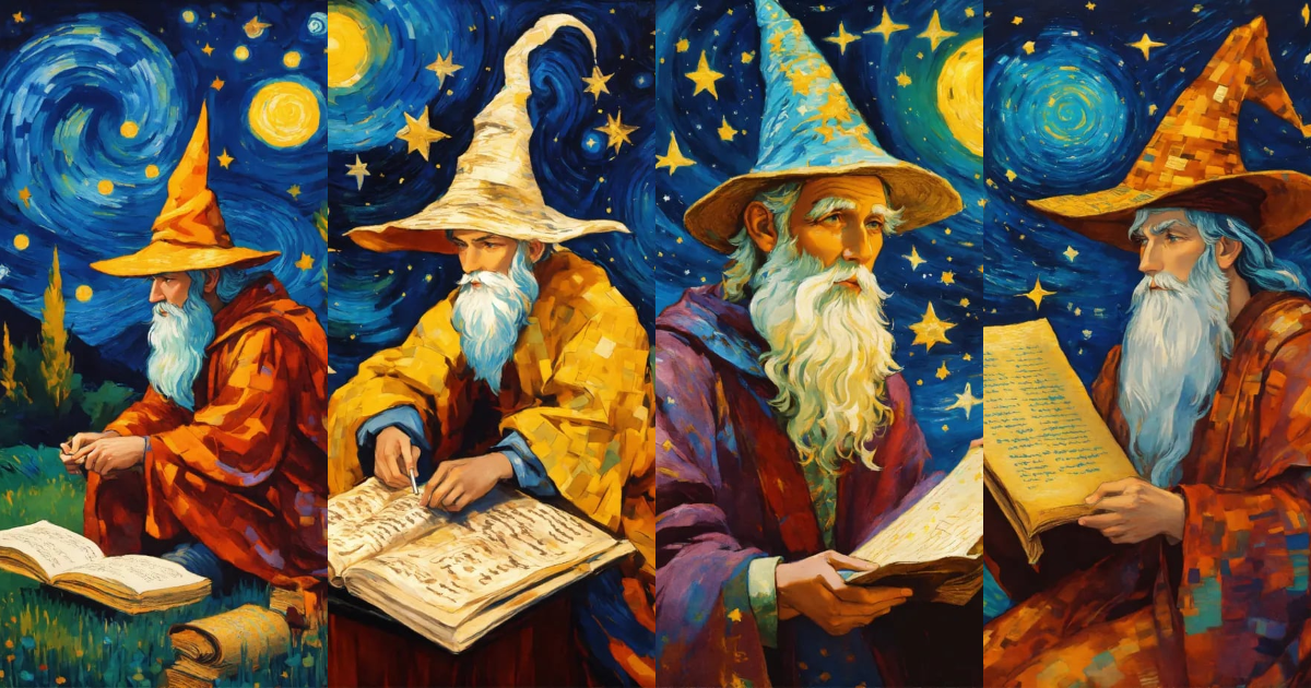 Lexica - Merlin wearing a wizard hat with stars studying ancient ...