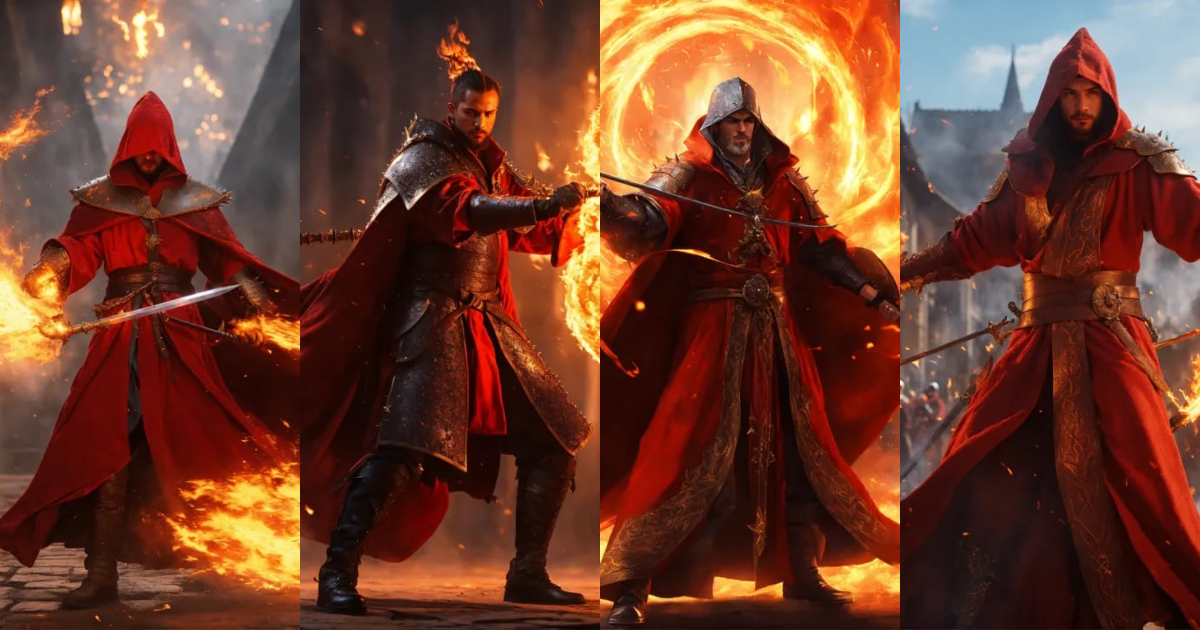 Lexica - Red robes sorcerer casting fire magic in an arc, flame ...
