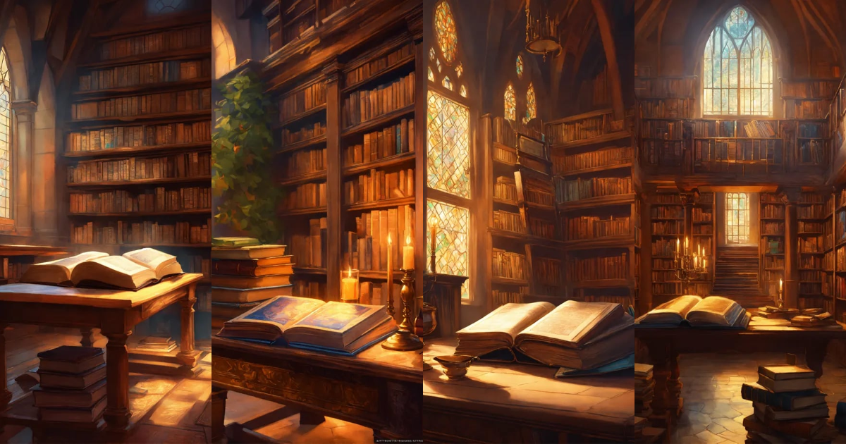 Lexica - Large books on a table in a medieval library, in contemporary ...