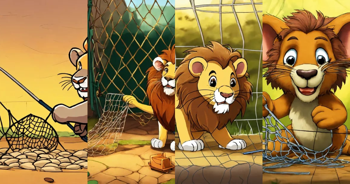 Lexica - Cartoon lion in net trap mouse cutting net