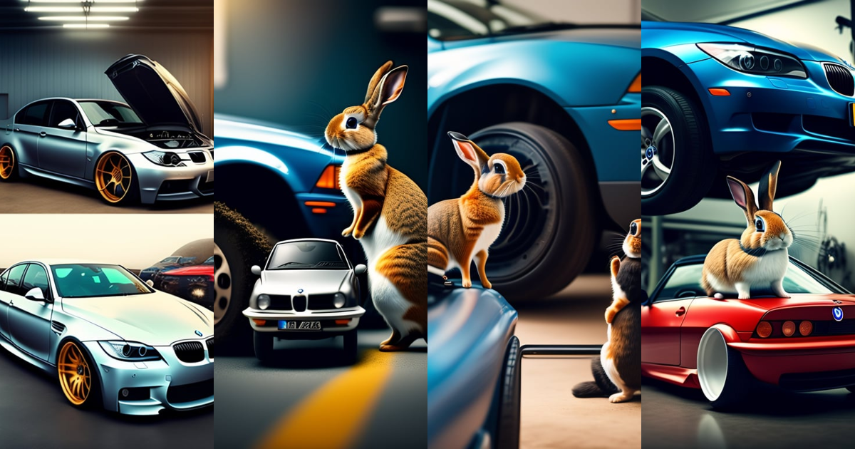 Lexica - One rabbit with BMW E90 in a car mechanic workshop