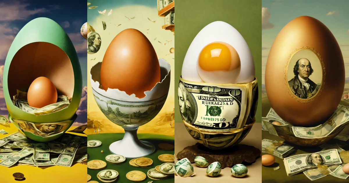 Lexica - Use an egg to make an image about The money will never run out ...