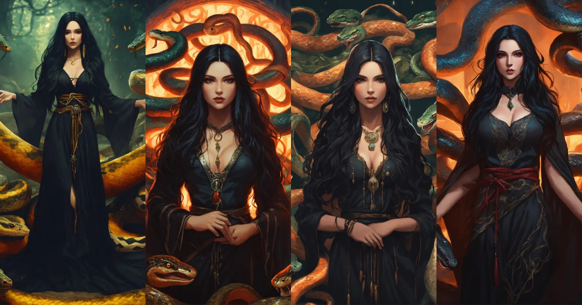 Lexica - A beautiful sorceress with long black hair dressed in a black ...