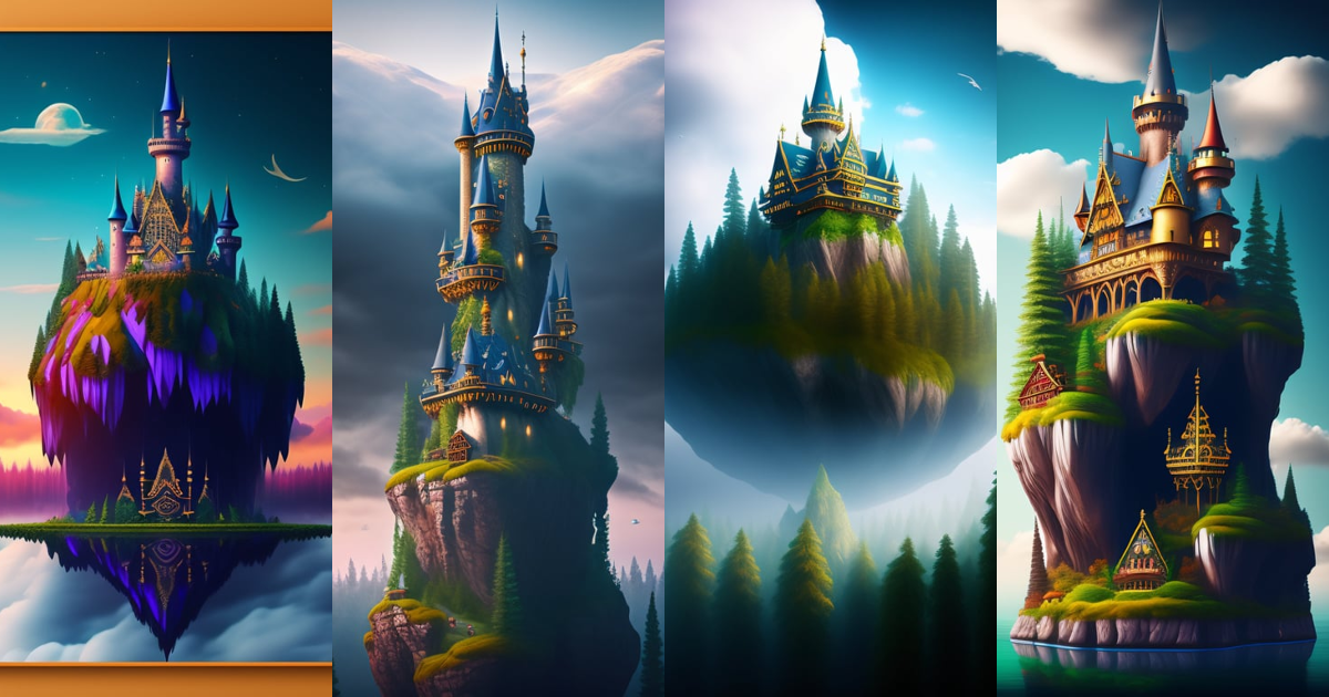 Lexica - WIzard castle floating in the sky with forests and trees beneath