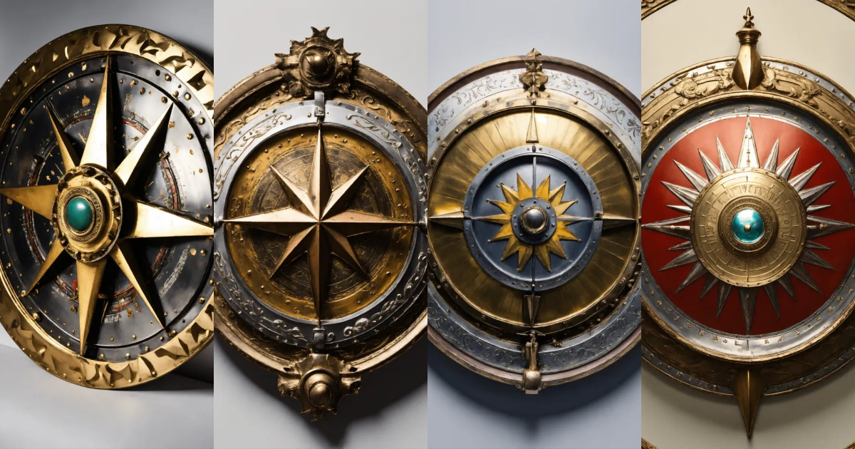 Lexica - A metal shield with a compas in the middle, white background