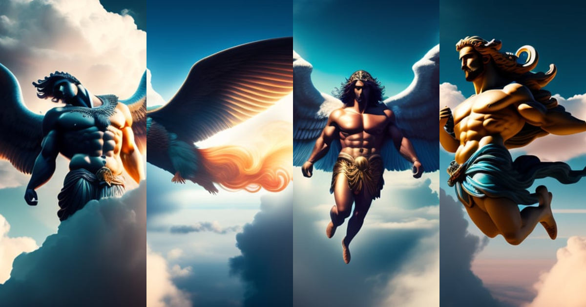 Lexica - A god from Greek mythology flying in the clouds