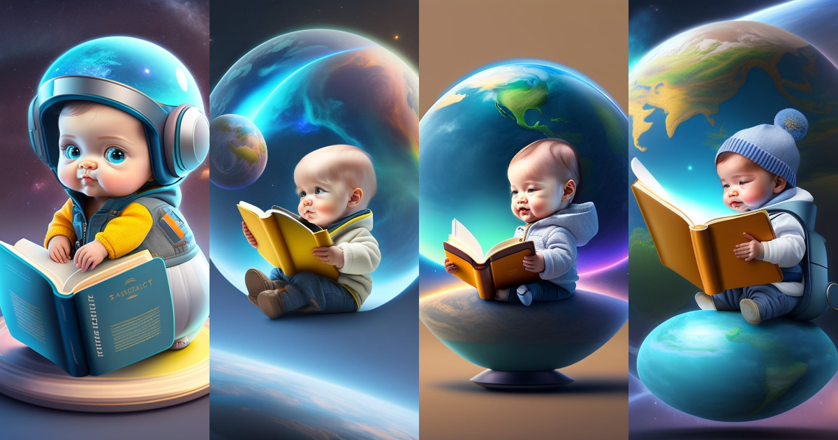 Lexica - Baby artificial intelligence, reading a book, sitting on a planet