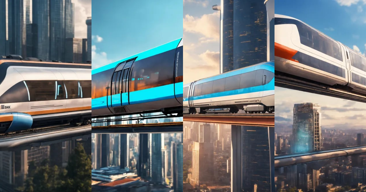 Lexica - Floating Train of the future running, Skyscraper with a ...