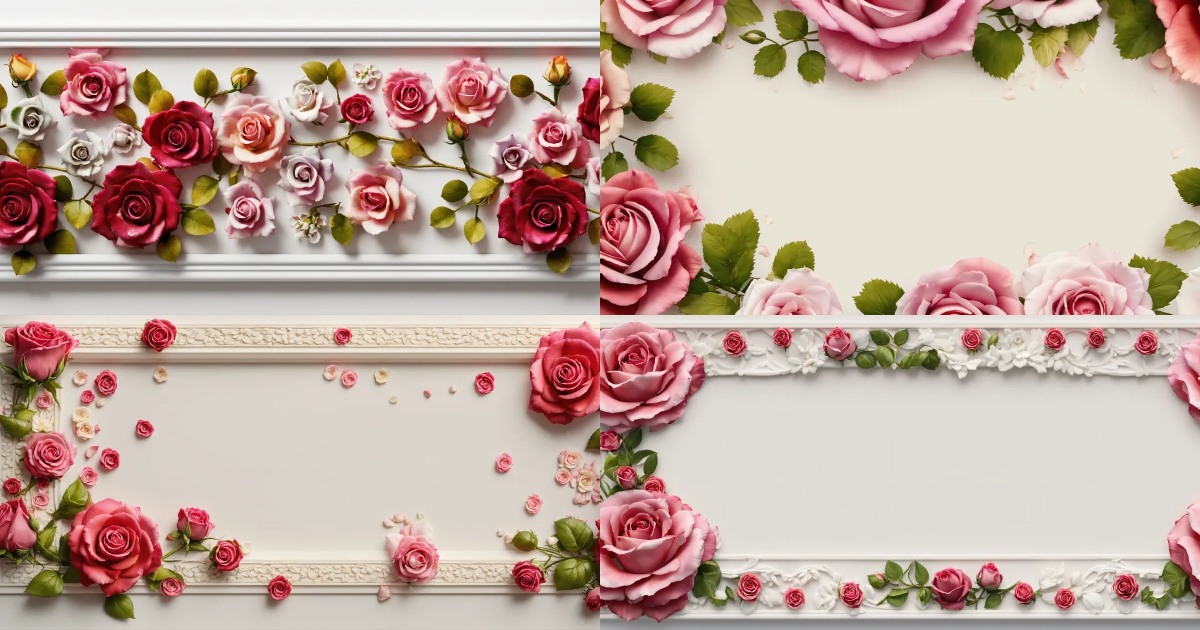 Lexica - White background with small floral 3d rose borders in the corners